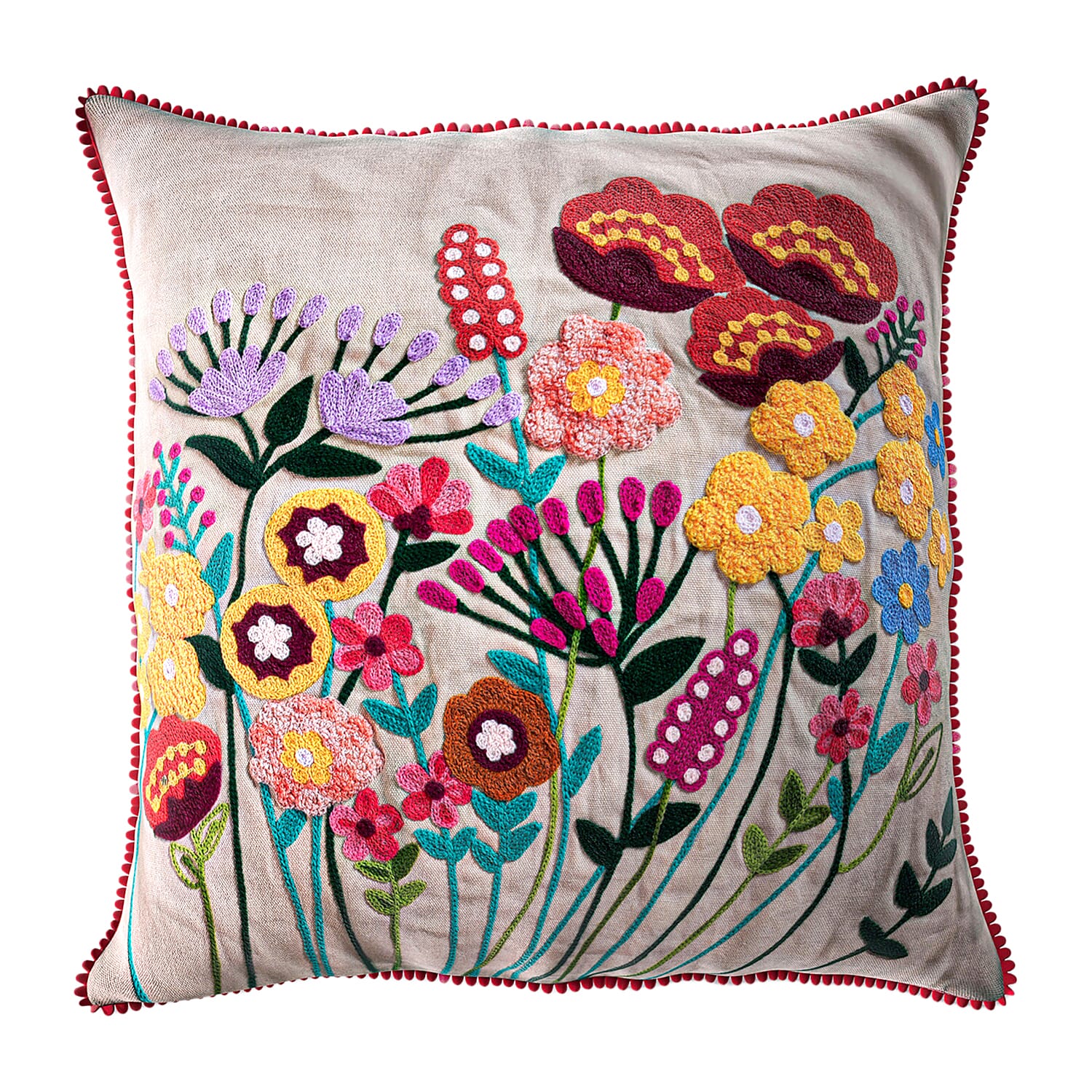 Cotton Flower Embroidered Cushion Cover (Size 45x45 Cm) - Off White & Green