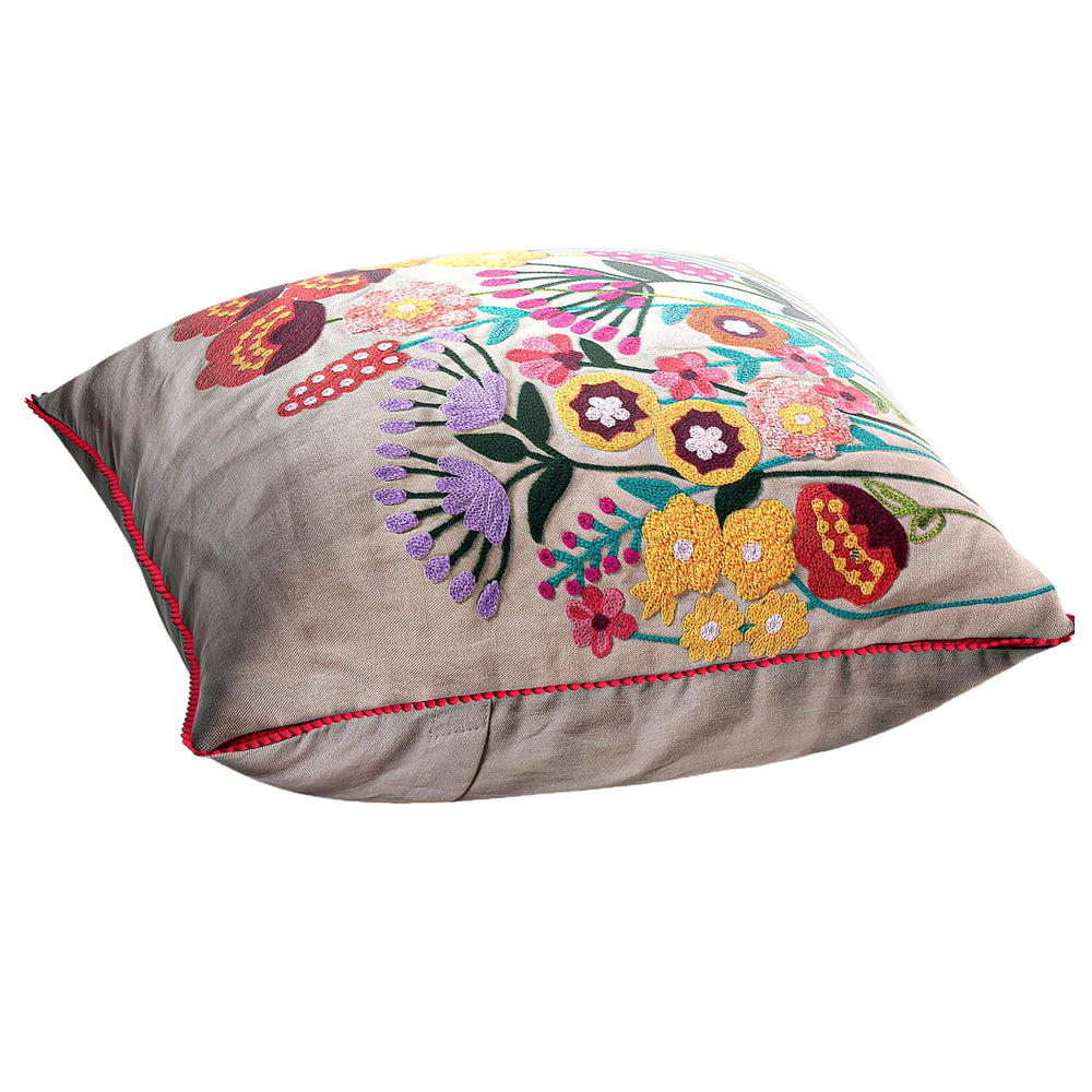 Cotton Flower Embroidered Cushion Cover (Size 45x45 Cm) - Off White & Green