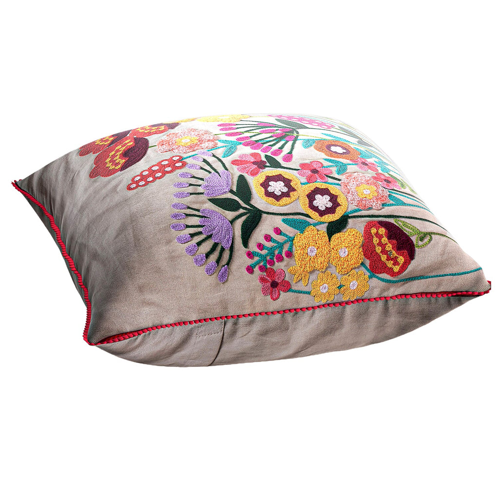 Cotton Flower Embroidered Cushion Cover (Size 45x45 Cm) - Off White & Green