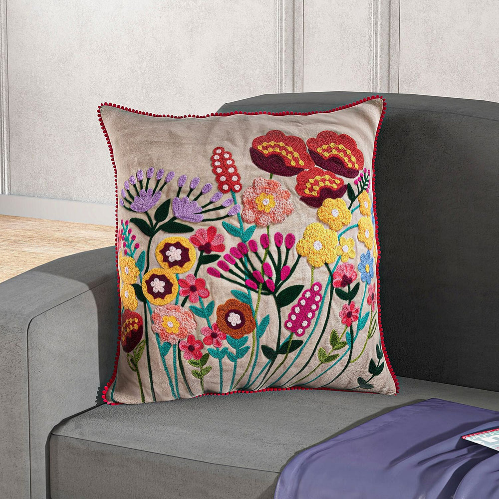 Cotton Flower Embroidered Cushion Cover (Size 45x45 Cm) - Off White & Green