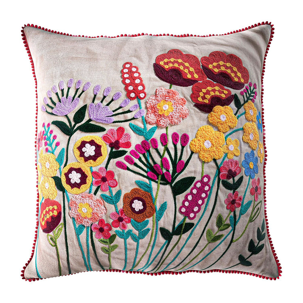 Cotton Flower Embroidered Cushion Cover (Size 45x45 Cm) - Off White & Green