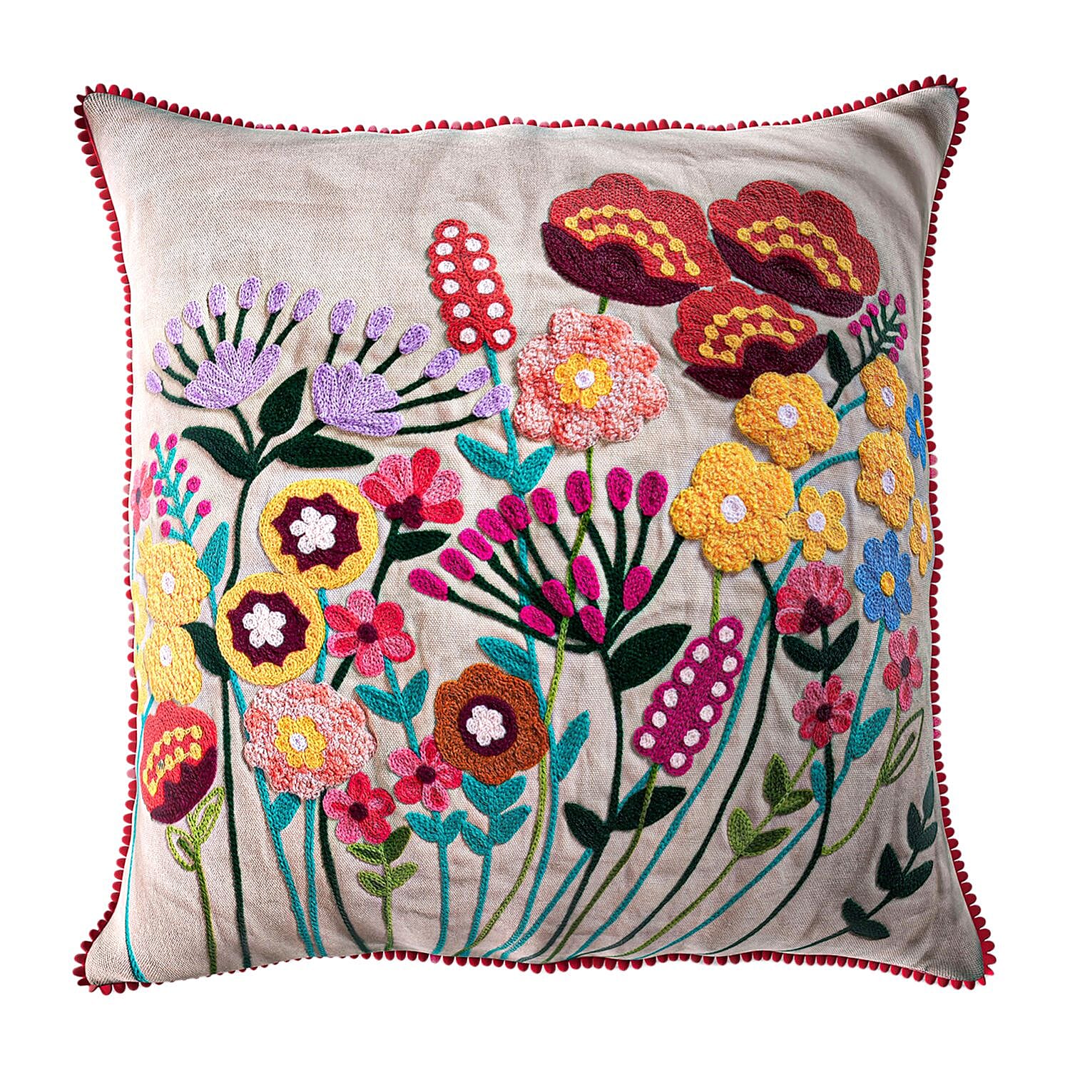Cotton Flower Embroidered Cushion Cover (Size 45x45 Cm) - Off White & Green