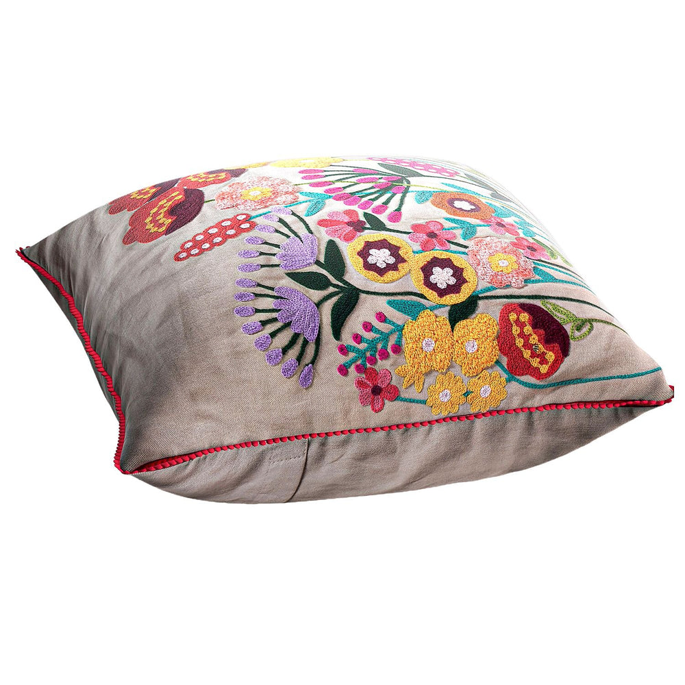 Cotton Flower Embroidered Cushion Cover (Size 45x45 Cm) - Off White & Green