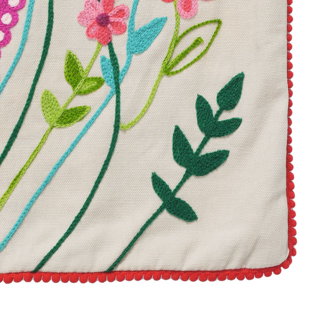 Cotton Flower Embroidered Cushion Cover (Size 45x45 Cm) - Off White & Green