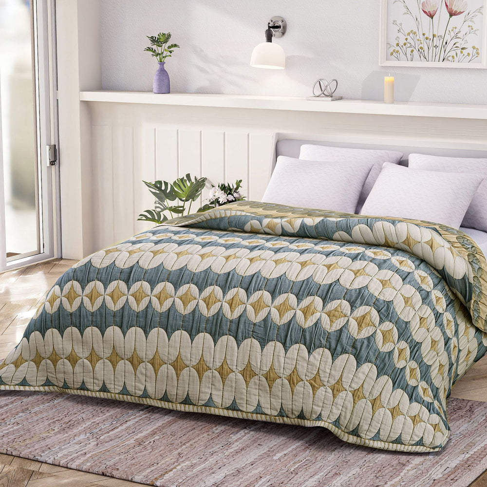 HUSH HAVEN Jacquard Cotton Intricate Pattern Blanket 10 Kg(230 x 200 cm) - Blue, Off-White - Yellow
