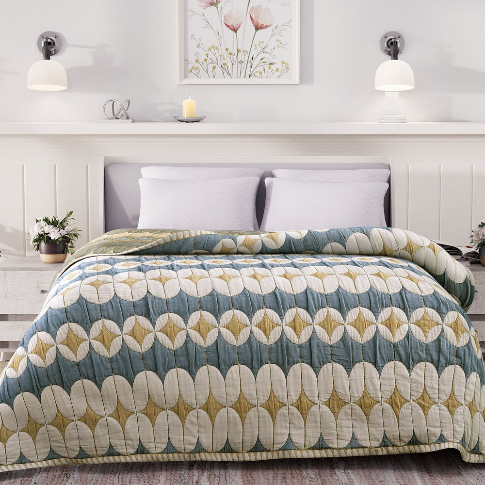 HUSH HAVEN Jacquard Cotton Intricate Pattern Blanket 10 Kg(230 x 200 cm) - Blue, Off-White - Yellow