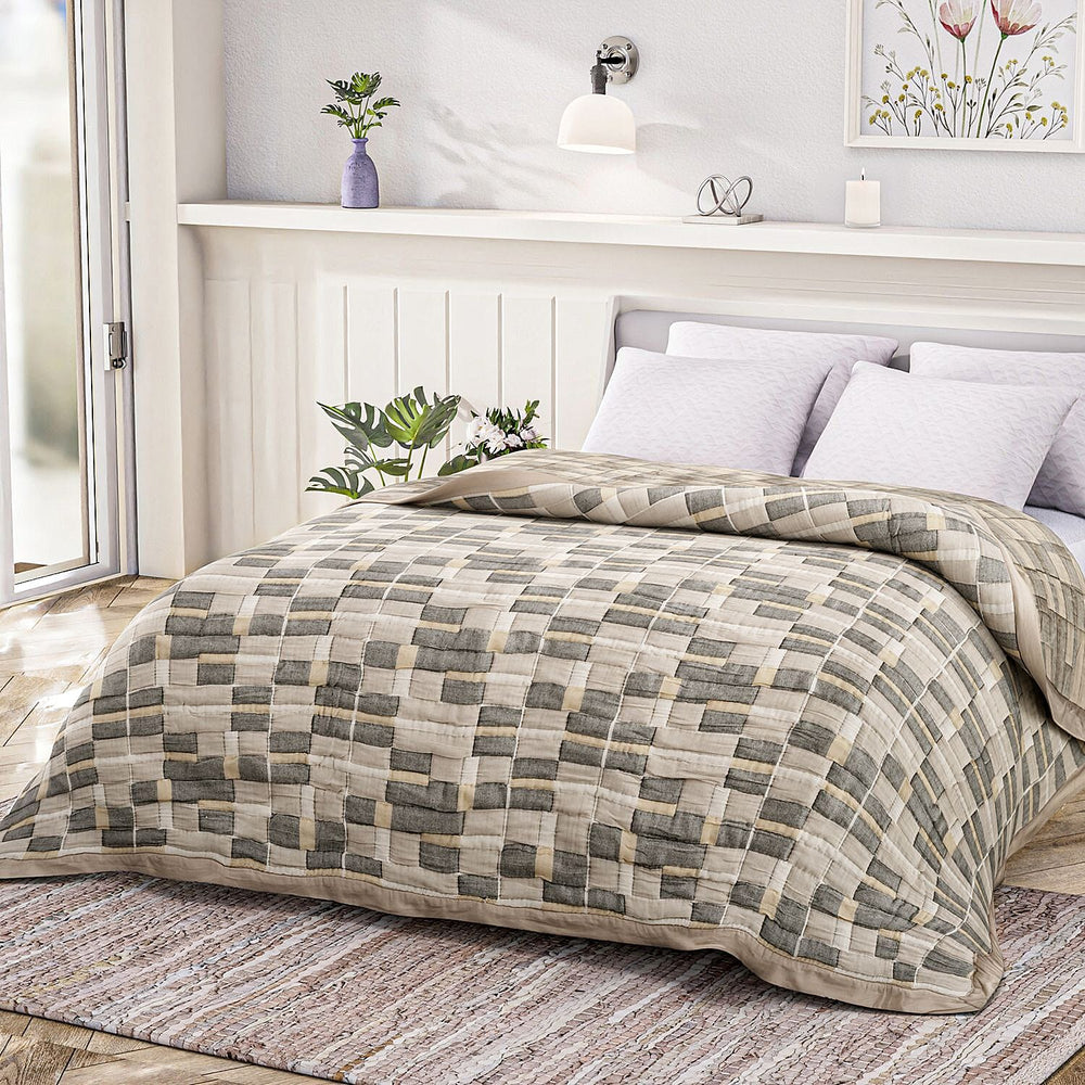 HUSH HAVEN Jacquard Cotton Intricate Pattern Blanket (230 x 200 cm) - Grey, Beige - Off-White