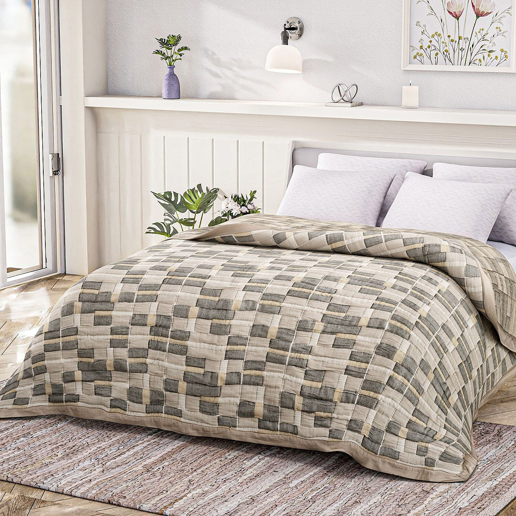 HUSH HAVEN Jacquard Cotton Intricate Pattern Blanket (230 x 200 cm) - Grey, Beige - Off-White