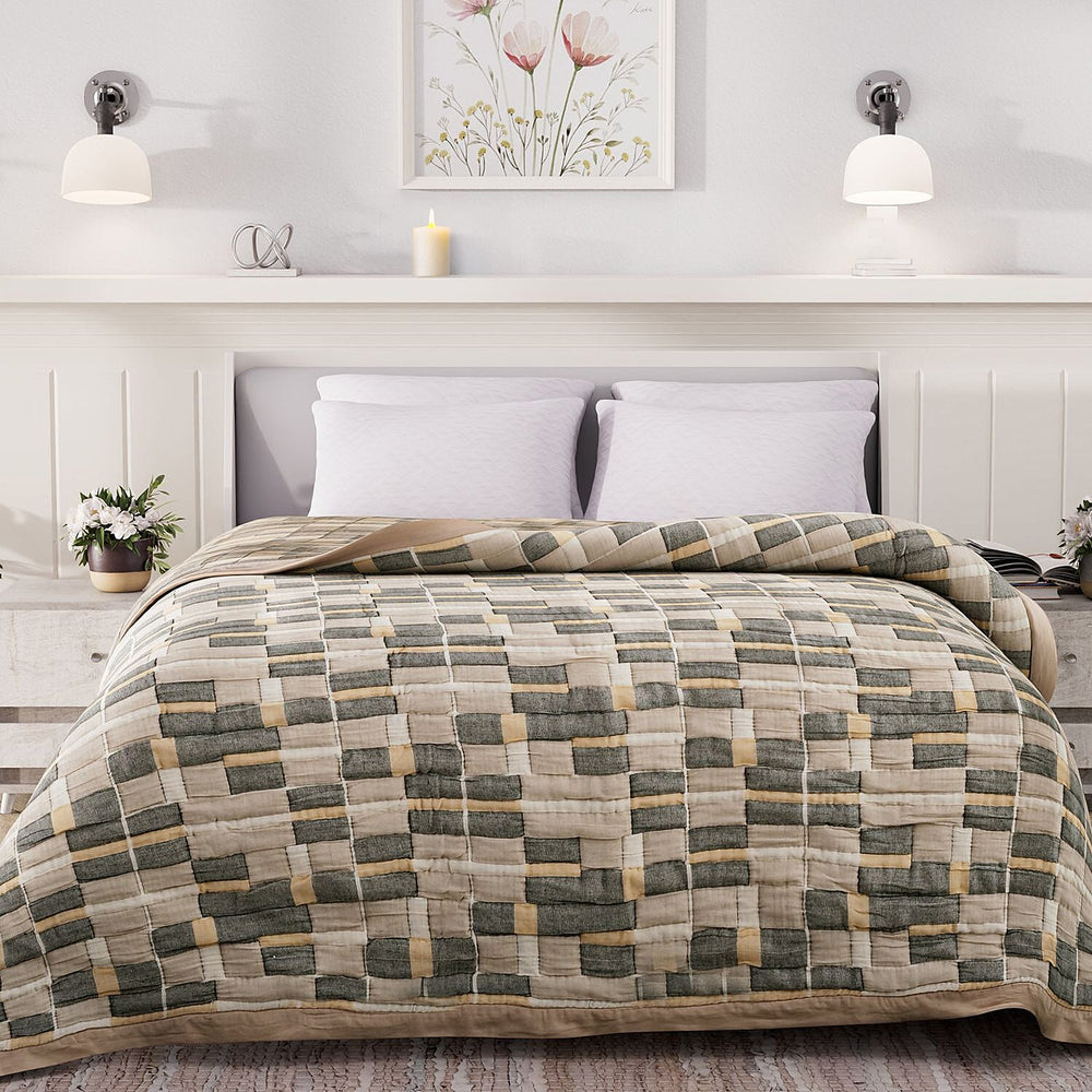 HUSH HAVEN Jacquard Cotton Intricate Pattern Blanket (230 x 200 cm) - Grey, Beige - Off-White
