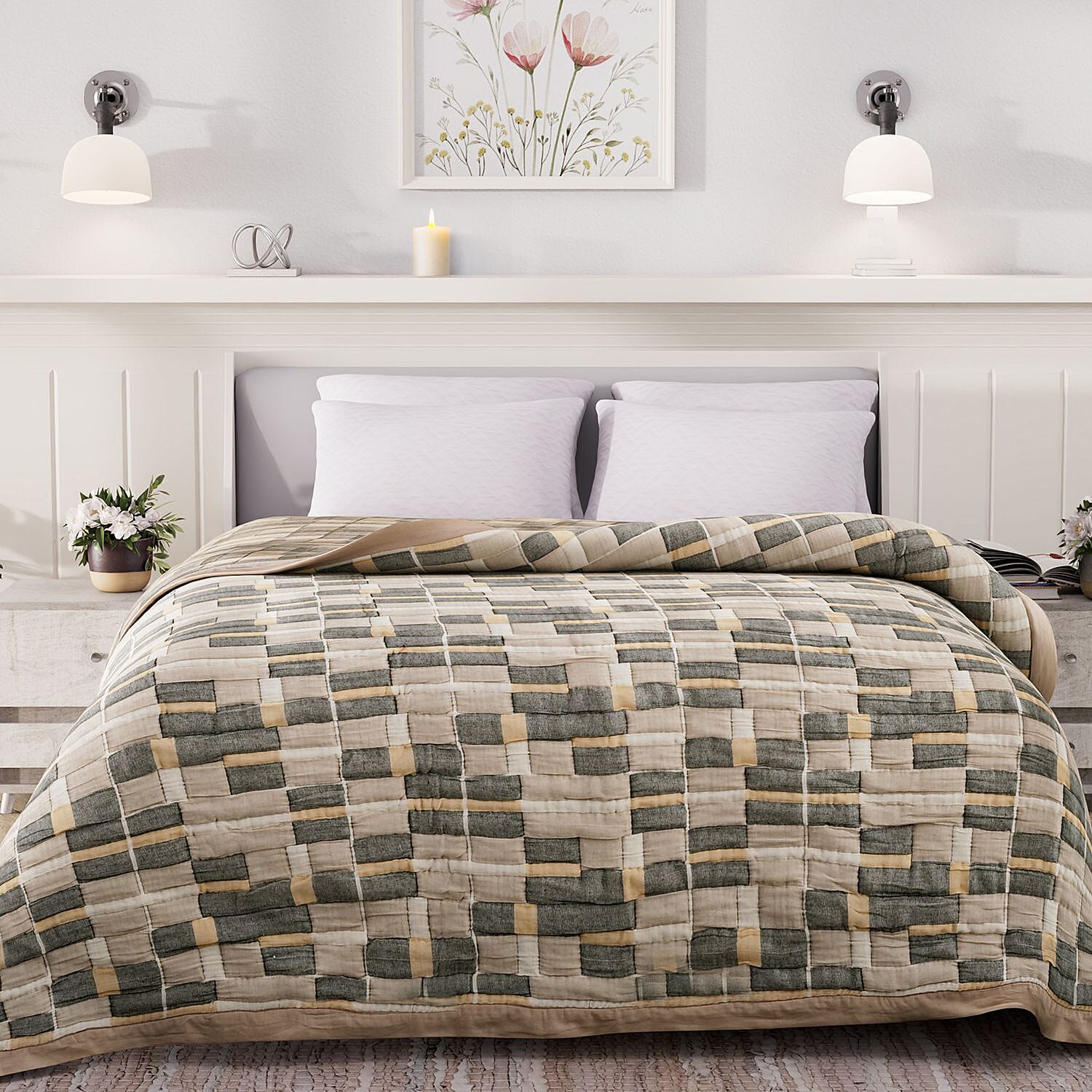 HUSH HAVEN Jacquard Cotton Intricate Pattern Blanket (230 x 200 cm) - Grey, Beige - Off-White