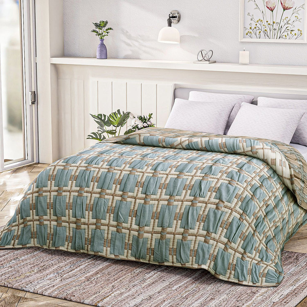 HUSH HAVEN Jacquard Cotton Intricate Pattern Blanket 10 Kg(230 x 200 cm) - Blue, Pink - Off-White