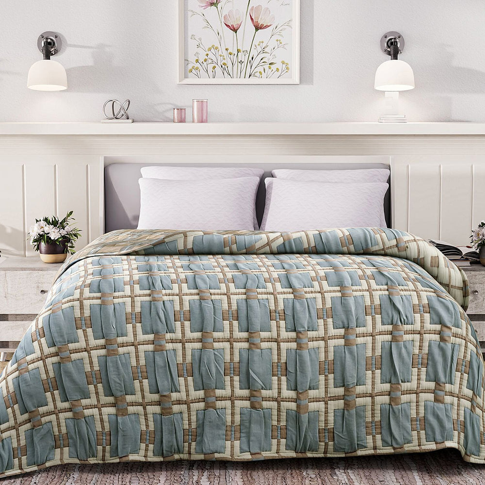 HUSH HAVEN Jacquard Cotton Intricate Pattern Blanket 10 Kg(230 x 200 cm) - Blue, Pink - Off-White