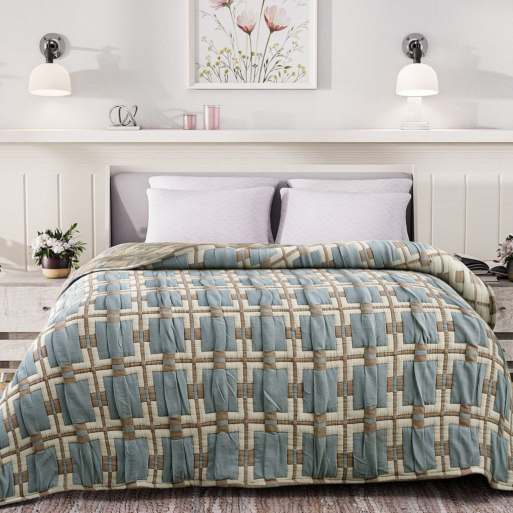 HUSH HAVEN Jacquard Cotton Intricate Pattern Blanket 10 Kg(230 x 200 cm) - Blue, Pink - Off-White