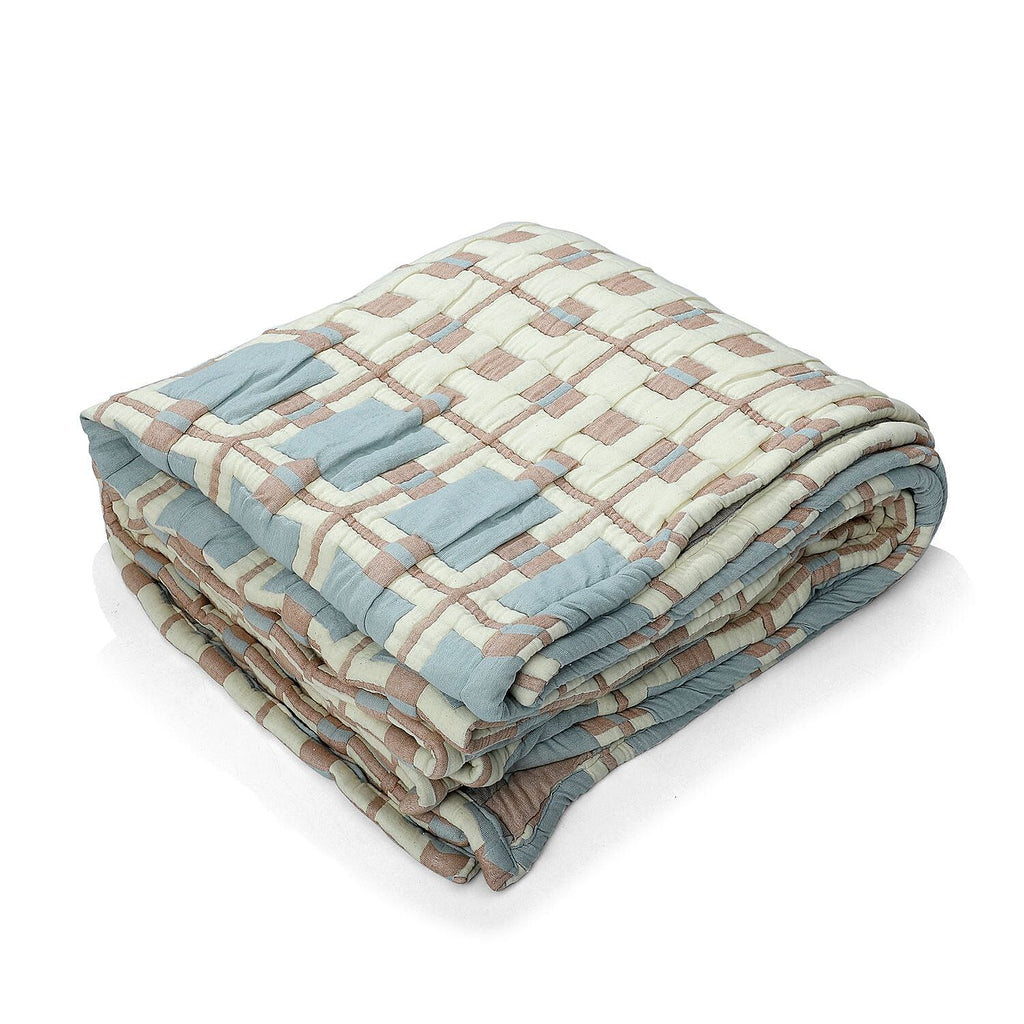 HUSH HAVEN Jacquard Cotton Intricate Pattern Blanket 10 Kg(230 x 200 cm) - Blue, Pink - Off-White