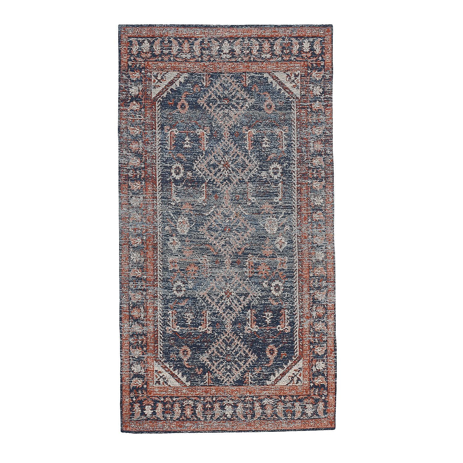 Cotton Jacquard Rug and Door Mat (Size 80x1 cm) - Royal Blue & Multicolor