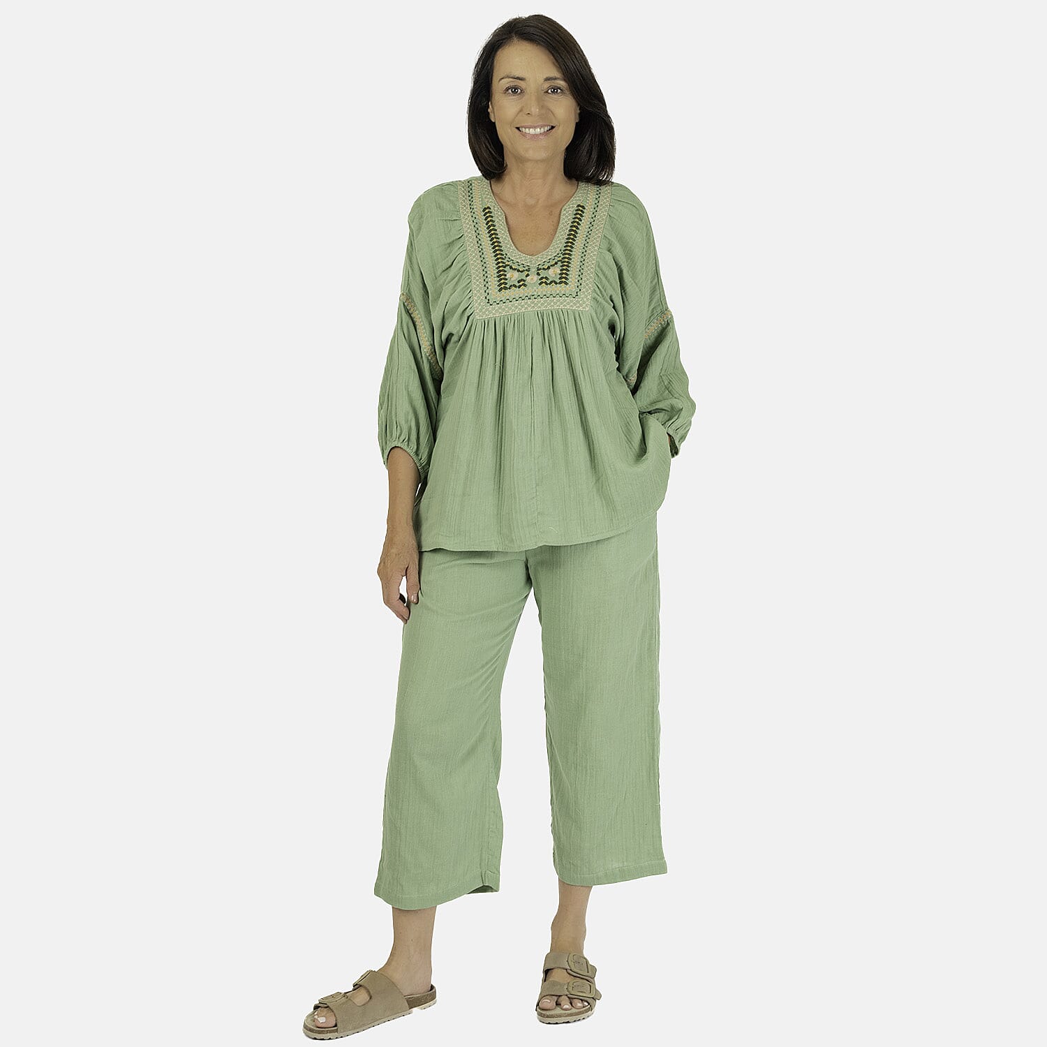 TAMSY 100% Cotton Elasticated Waist Cropped Trouser (Size M) - Green