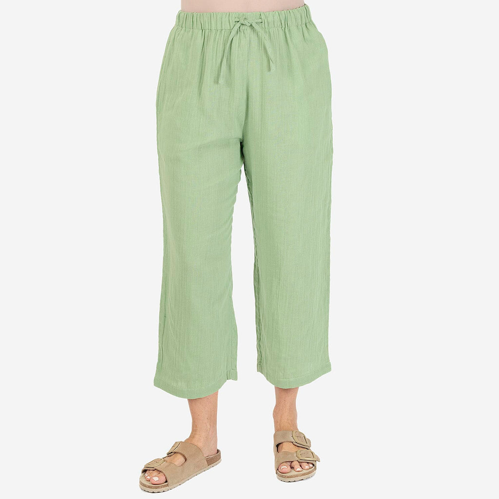 TAMSY 100% Cotton Elasticated Waist Cropped Trouser (Size M) - Green