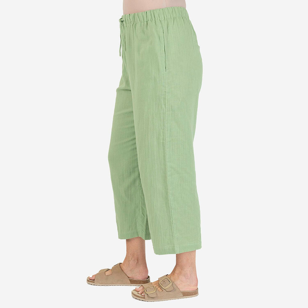 TAMSY 100% Cotton Elasticated Waist Cropped Trouser (Size M) - Green