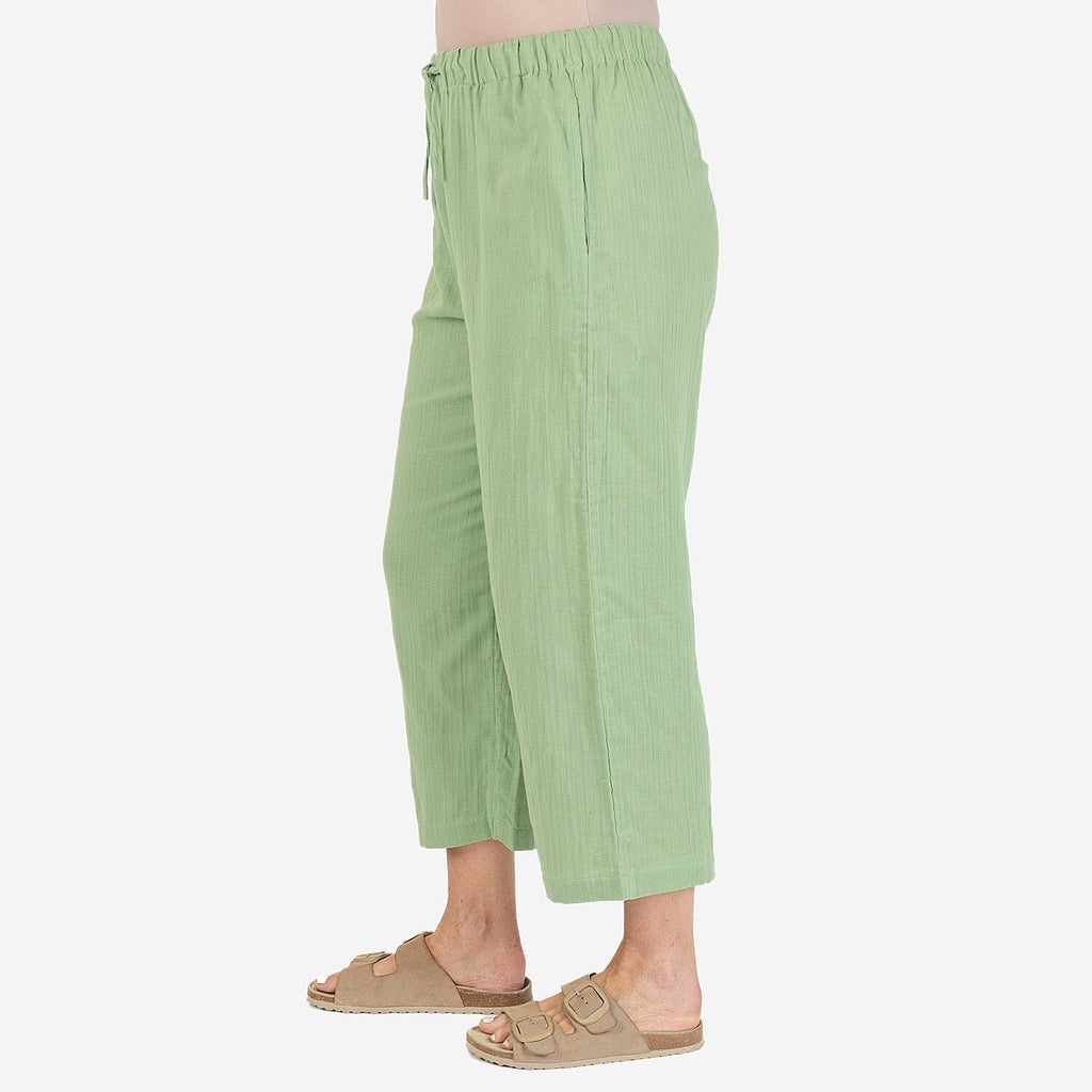 TAMSY 100% Cotton Elasticated Waist Cropped Trouser (Size M) - Green