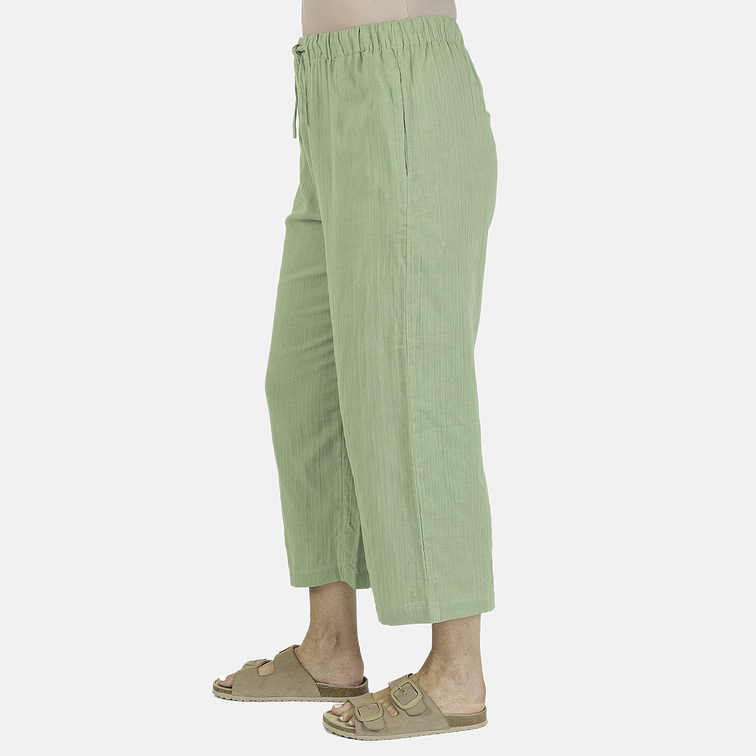TAMSY 100% Cotton Elasticated Waist Cropped Trouser (Size M) - Green