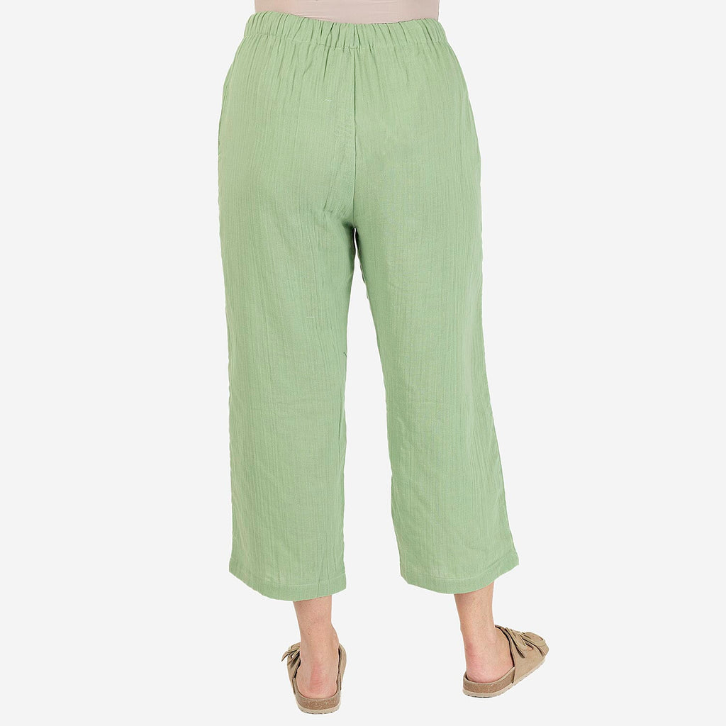 TAMSY 100% Cotton Elasticated Waist Cropped Trouser (Size M) - Green