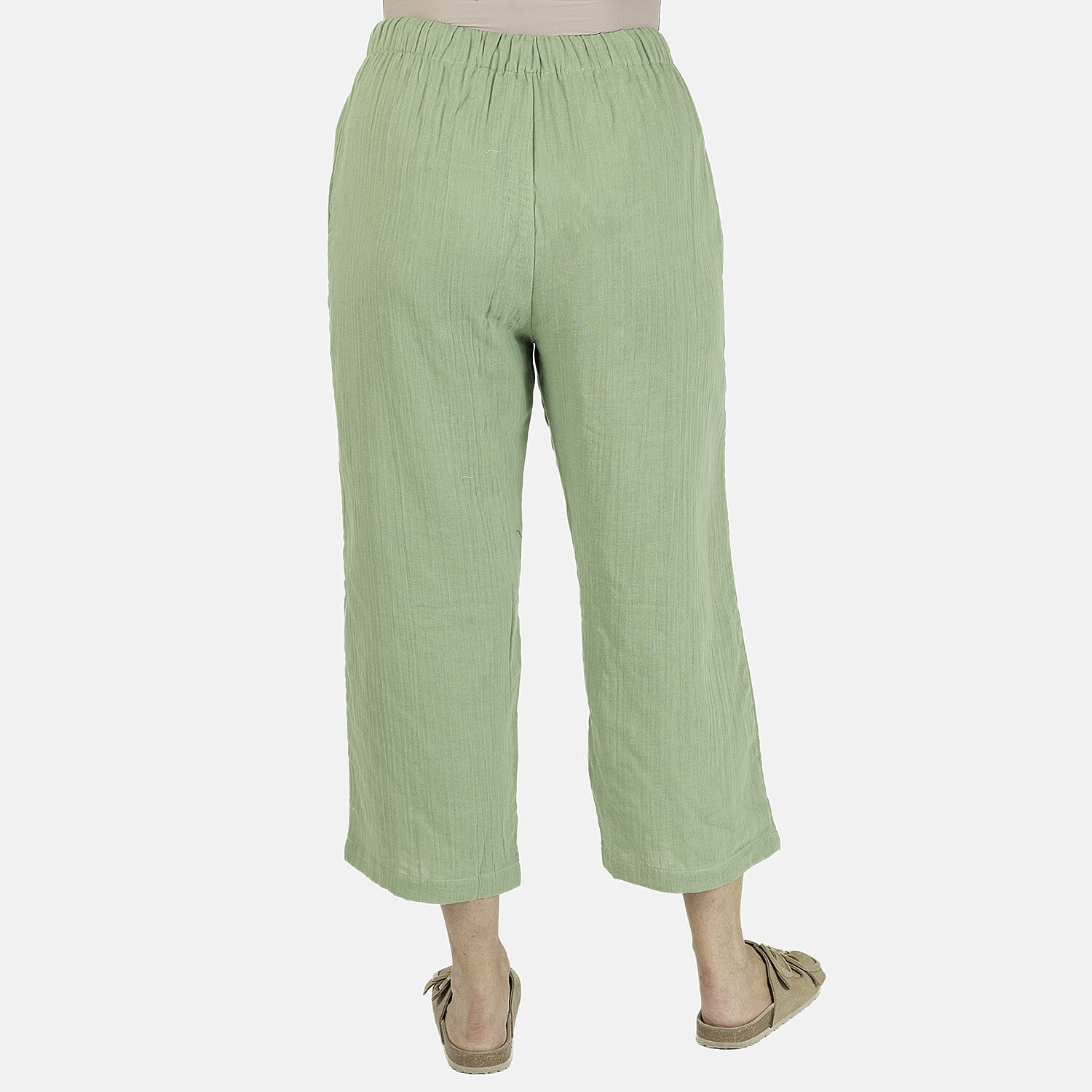 TAMSY 100% Cotton Elasticated Waist Cropped Trouser (Size M) - Green