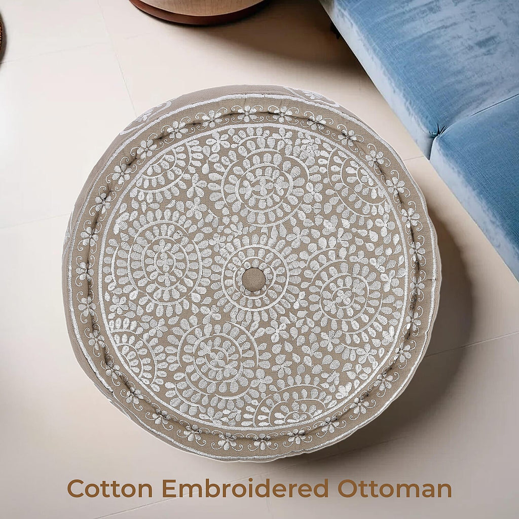 Cotton Ottoman With Embroidery (Size 40x25 cm) - White