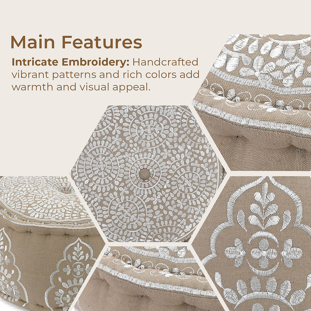Cotton Ottoman With Embroidery (Size 40x25 cm) - White