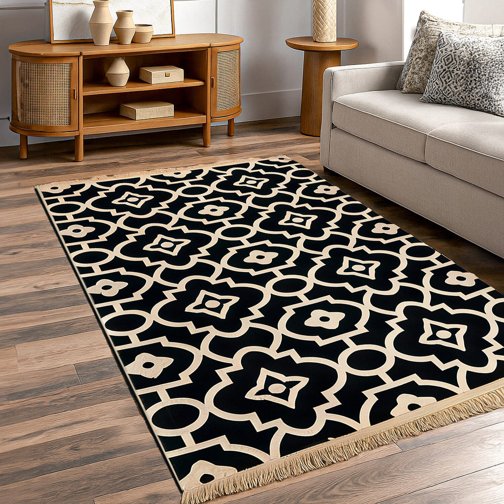 Geometric Pattern Kilim Rugs Ready Stock (Size 125x80cm) - Black - White