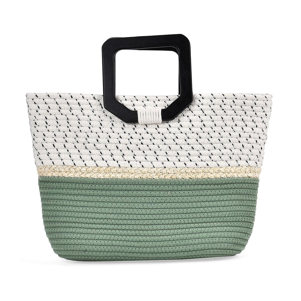 100% Cotton Knitted Handbag with Wooden Handle - White & Green