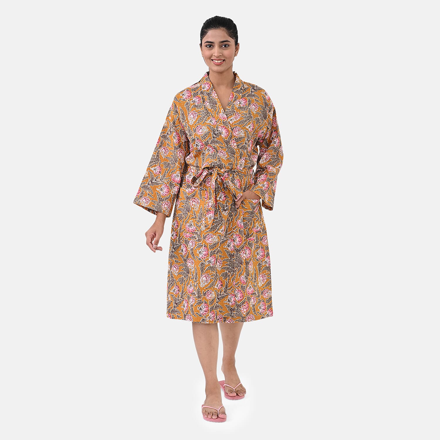 Sukriti 100% Cotton Floral - Leaf Print Waffle Bath Robe with Pockets (One Size) - Brown with Pink - Grey