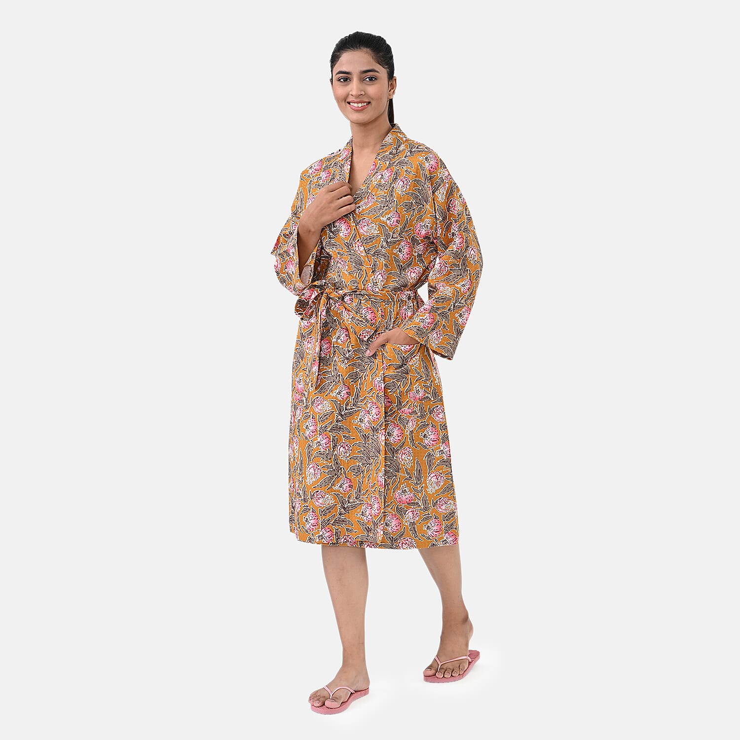 Sukriti 100% Cotton Floral - Leaf Print Waffle Bath Robe with Pockets (One Size) - Brown with Pink - Grey
