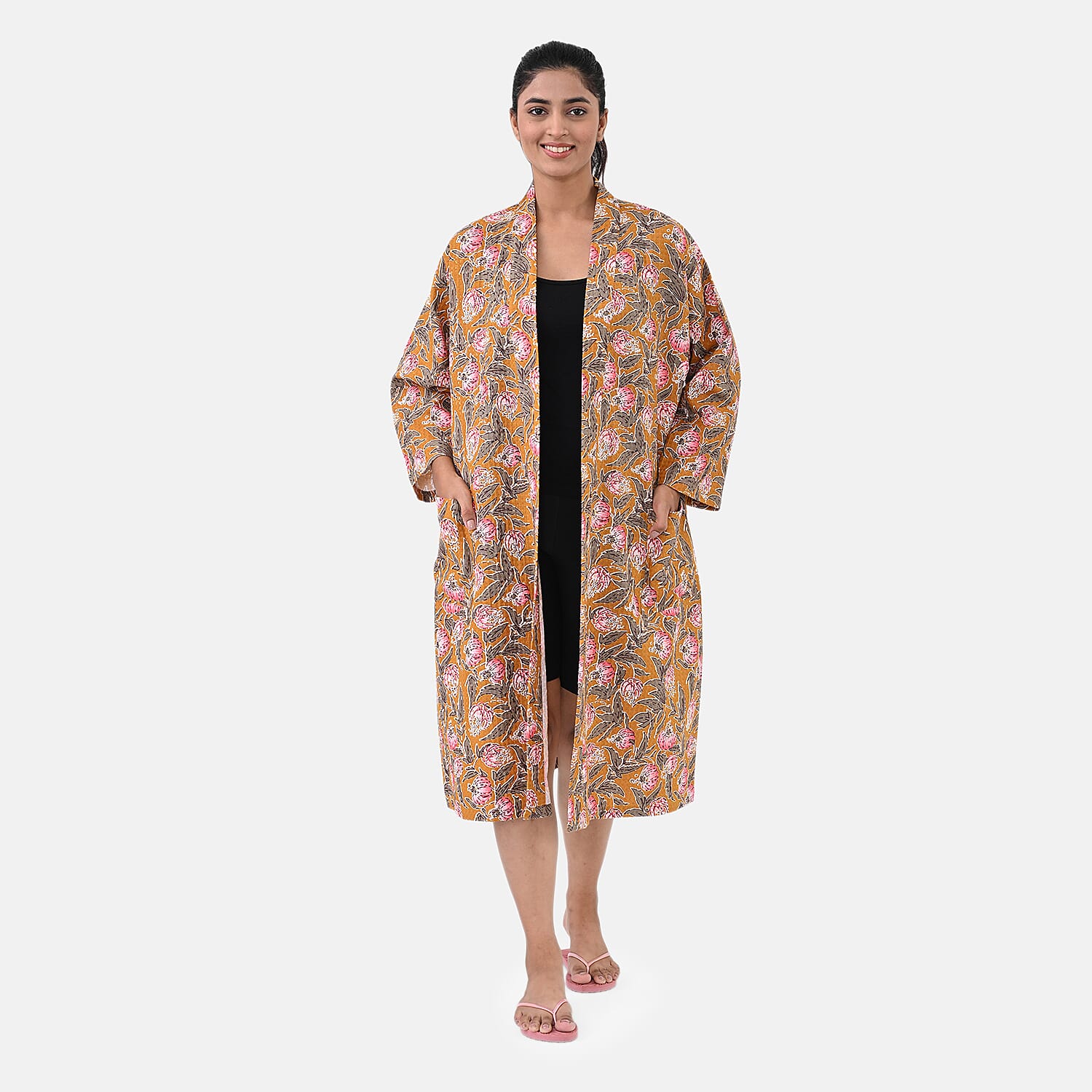 Sukriti 100% Cotton Floral - Leaf Print Waffle Bath Robe with Pockets (One Size) - Brown with Pink - Grey