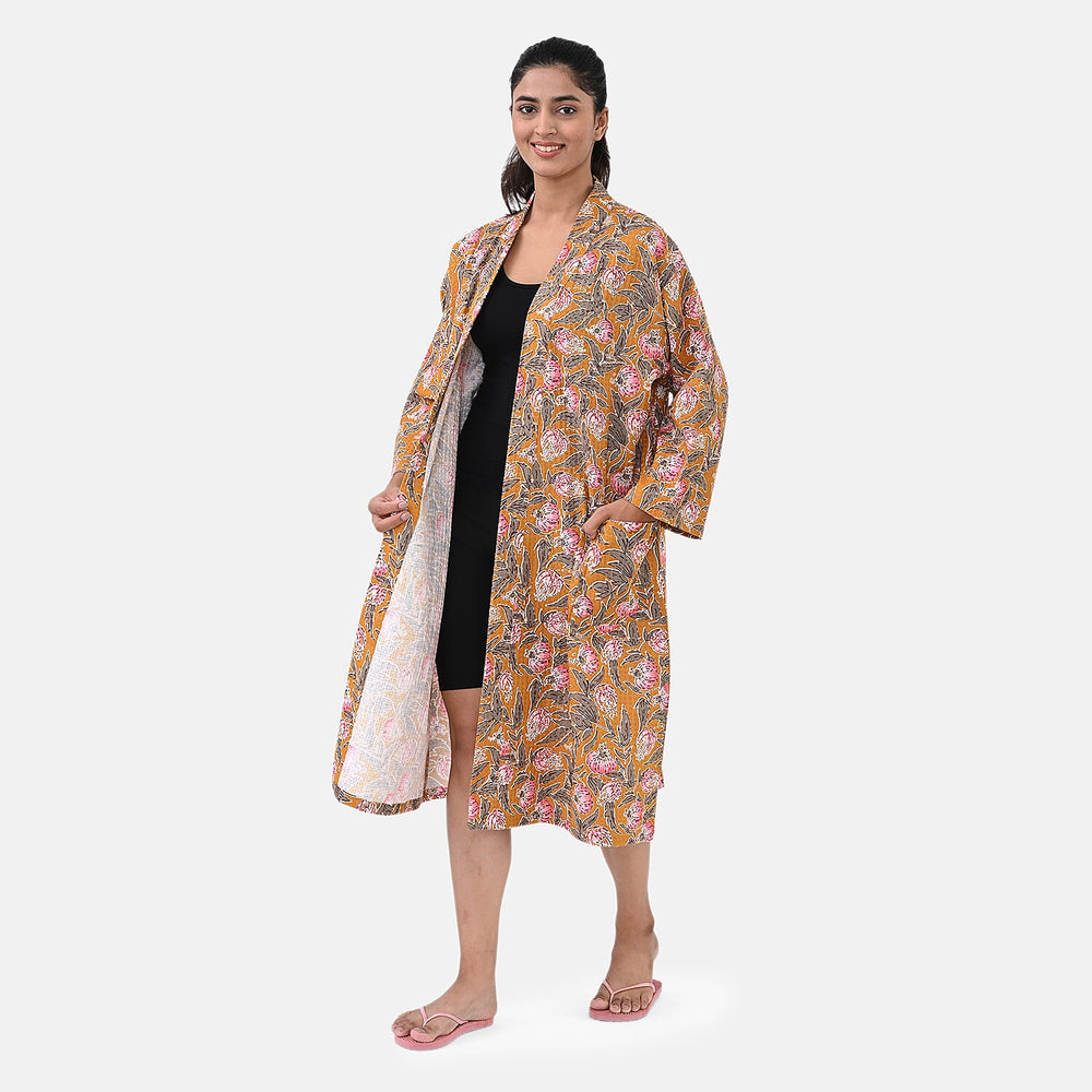 Sukriti 100% Cotton Floral - Leaf Print Waffle Bath Robe with Pockets (One Size) - Brown with Pink - Grey
