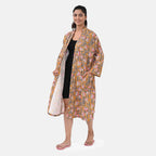 Sukriti 100% Cotton Floral - Leaf Print Waffle Bath Robe with Pockets (One Size) - Brown with Pink - Grey