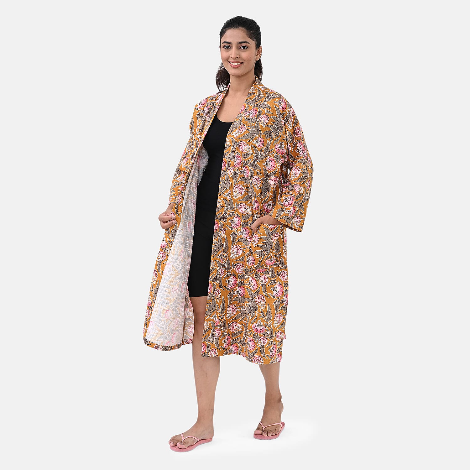 Sukriti 100% Cotton Floral - Leaf Print Waffle Bath Robe with Pockets (One Size) - Brown with Pink - Grey