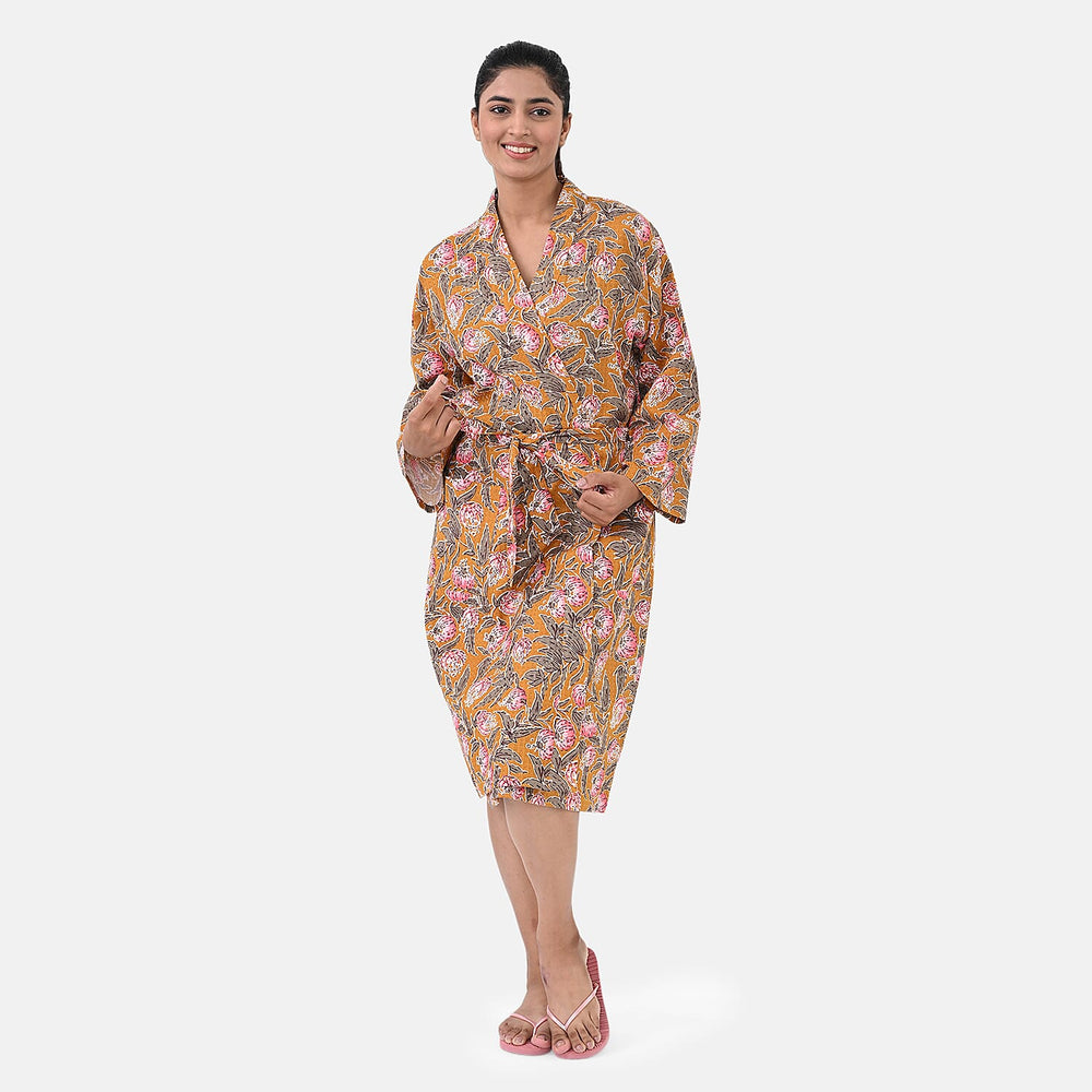 Sukriti 100% Cotton Floral - Leaf Print Waffle Bath Robe with Pockets (One Size) - Brown with Pink - Grey