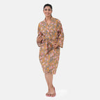 Sukriti 100% Cotton Floral - Leaf Print Waffle Bath Robe with Pockets (One Size) - Brown with Pink - Grey
