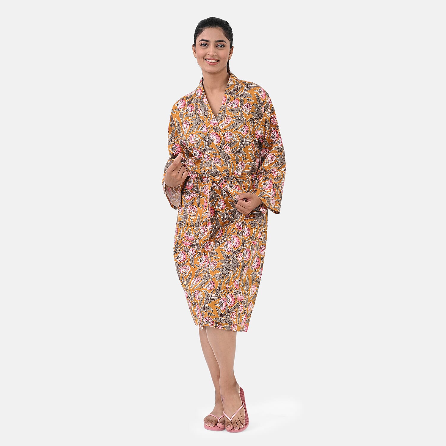 Sukriti 100% Cotton Floral - Leaf Print Waffle Bath Robe with Pockets (One Size) - Brown with Pink - Grey