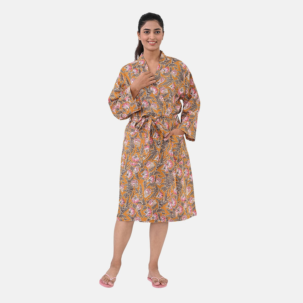 Sukriti 100% Cotton Floral - Leaf Print Waffle Bath Robe with Pockets (One Size) - Brown with Pink - Grey