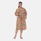Sukriti 100% Cotton Floral - Leaf Print Waffle Bath Robe with Pockets (One Size) - Brown with Pink - Grey