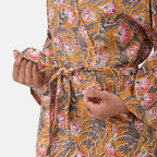 Sukriti 100% Cotton Floral - Leaf Print Waffle Bath Robe with Pockets (One Size) - Brown with Pink - Grey