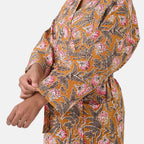 Sukriti 100% Cotton Floral - Leaf Print Waffle Bath Robe with Pockets (One Size) - Brown with Pink - Grey
