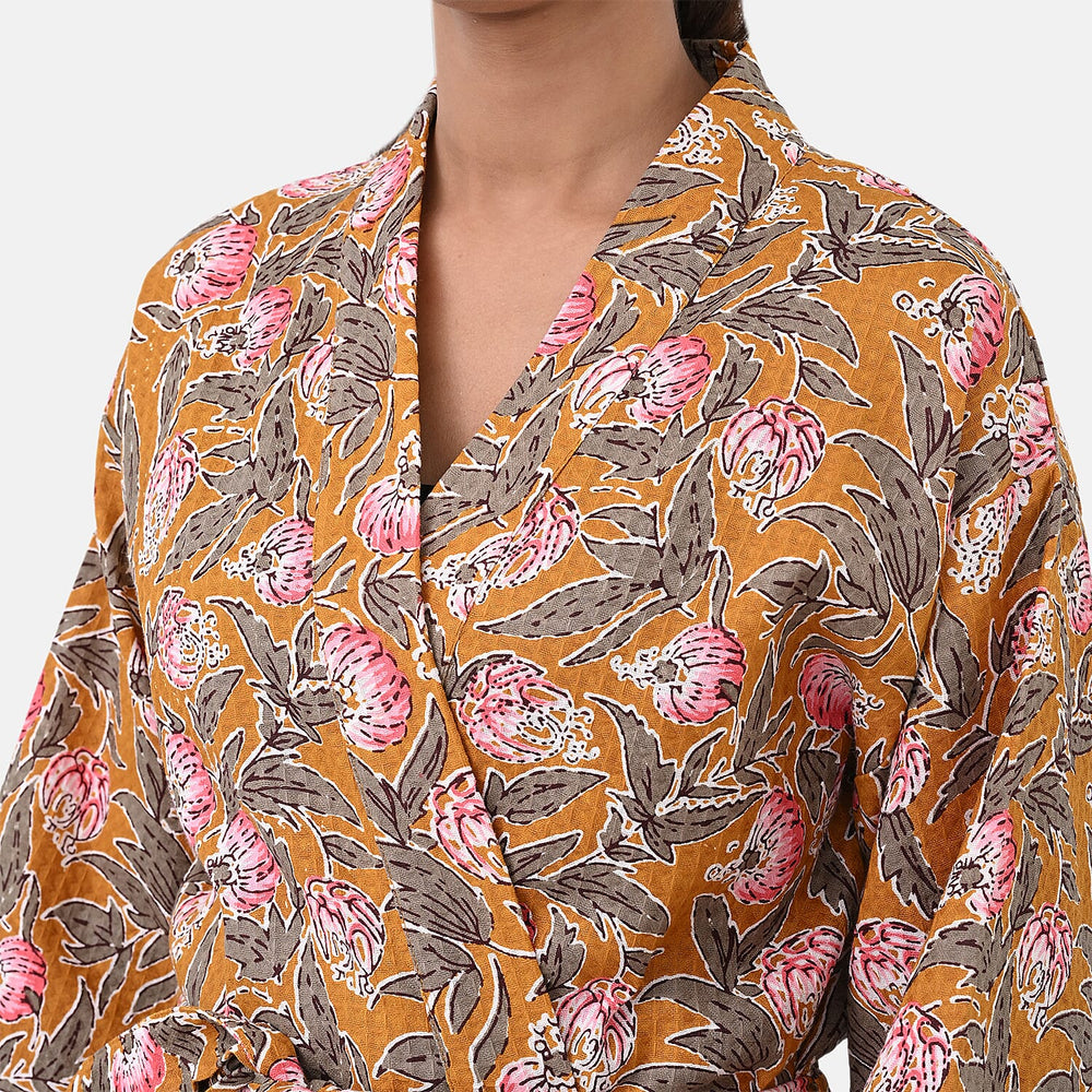 Sukriti 100% Cotton Floral - Leaf Print Waffle Bath Robe with Pockets (One Size) - Brown with Pink - Grey