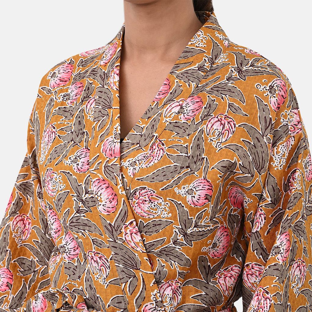 Sukriti 100% Cotton Floral - Leaf Print Waffle Bath Robe with Pockets (One Size) - Brown with Pink - Grey