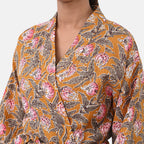 Sukriti 100% Cotton Floral - Leaf Print Waffle Bath Robe with Pockets (One Size) - Brown with Pink - Grey