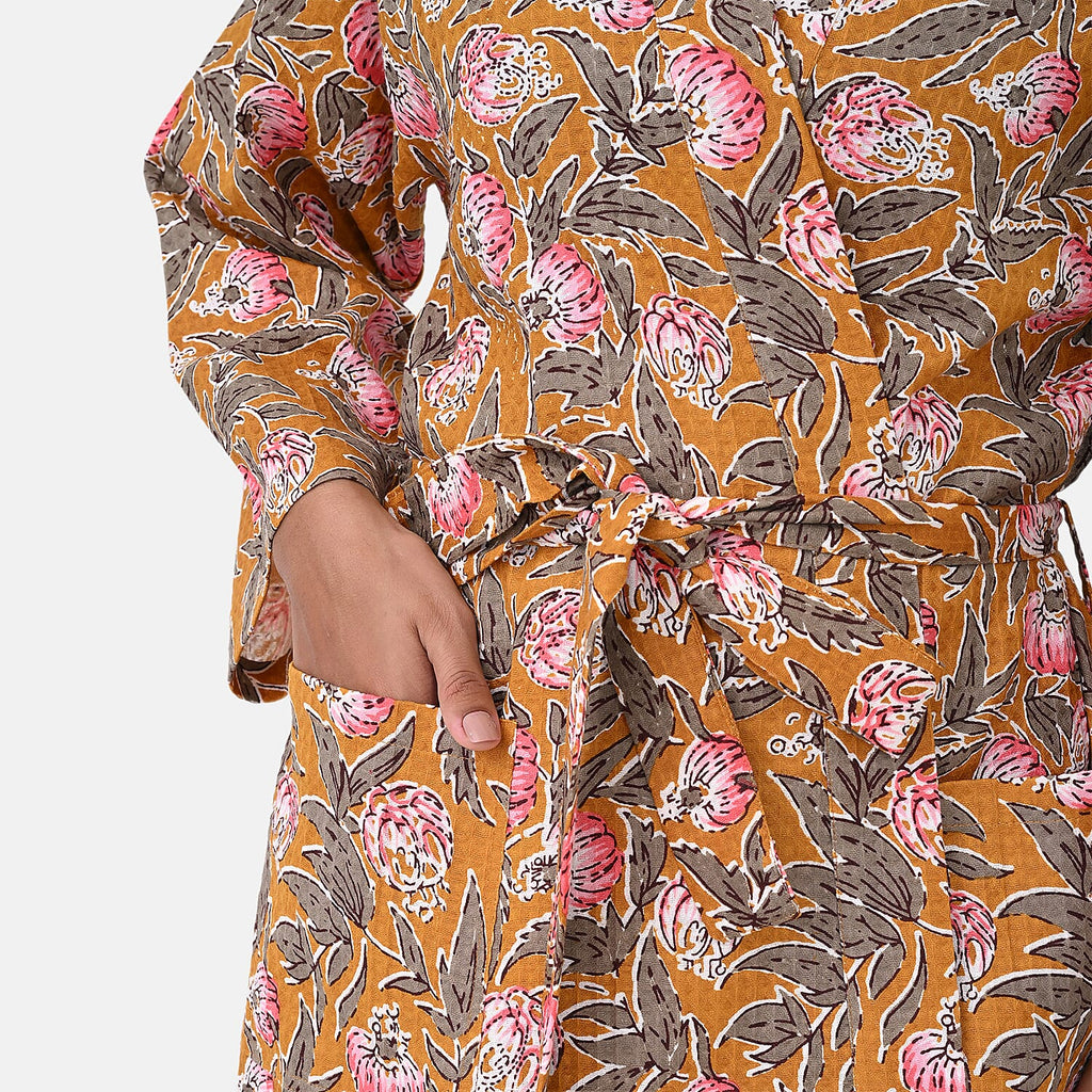 Sukriti 100% Cotton Floral - Leaf Print Waffle Bath Robe with Pockets (One Size) - Brown with Pink - Grey