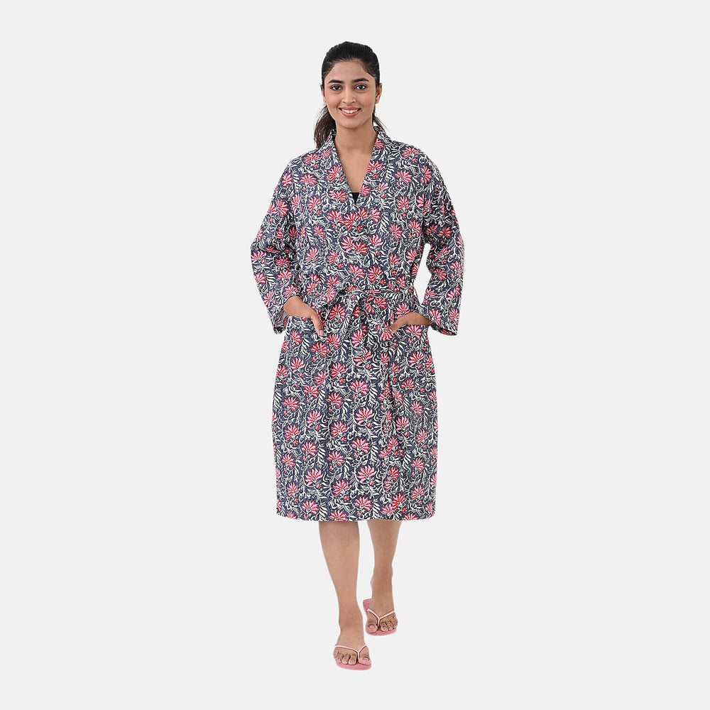 THE MASSIVE REDUCTION - Sukriti 100% Cotton Screen Print Waffle Bath Robe with Pockets (One Size) - Navy, Blue and Pink