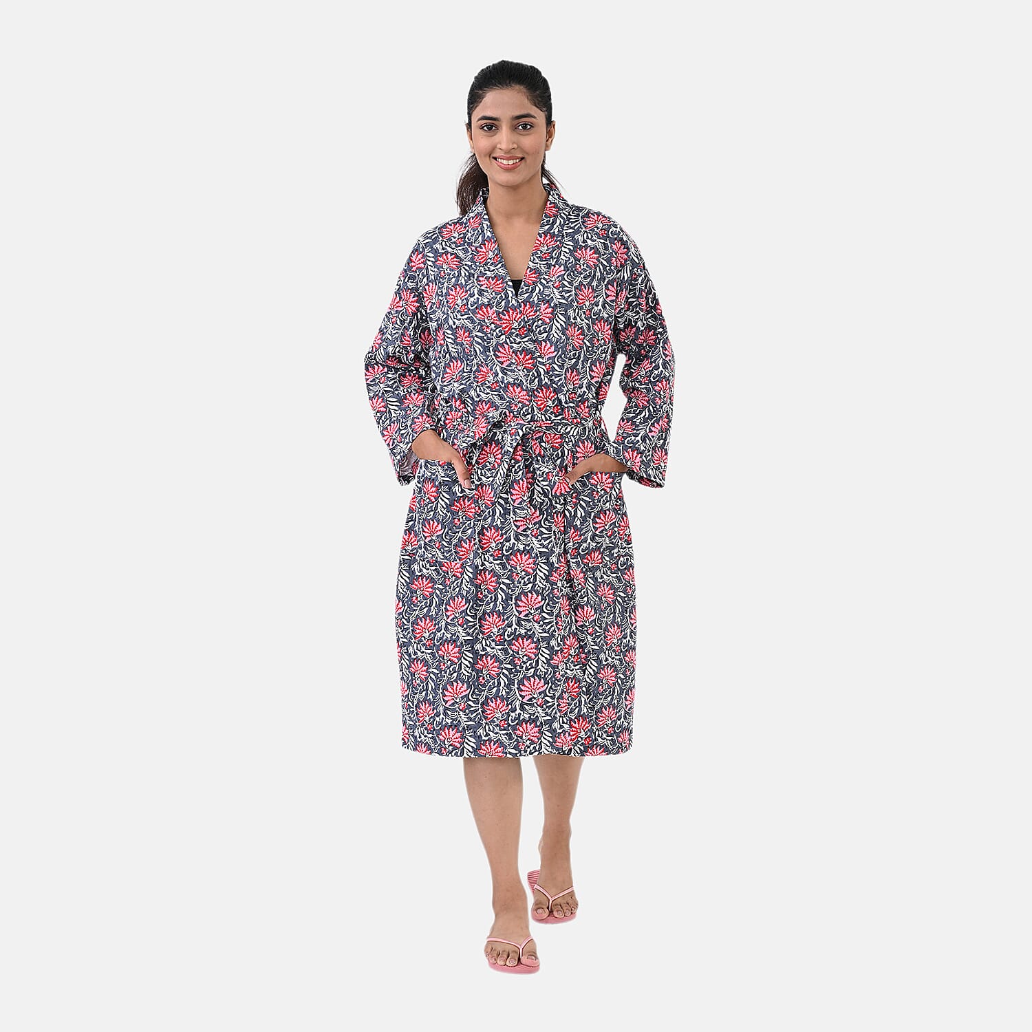 THE MASSIVE REDUCTION - Sukriti 100% Cotton Screen Print Waffle Bath Robe with Pockets (One Size) - Navy, Blue and Pink