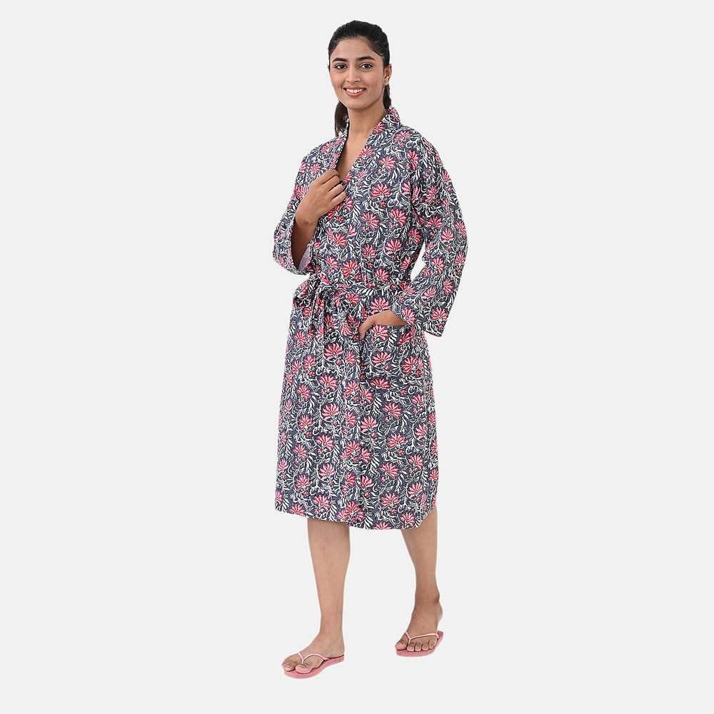 THE MASSIVE REDUCTION - Sukriti 100% Cotton Screen Print Waffle Bath Robe with Pockets (One Size) - Navy, Blue and Pink